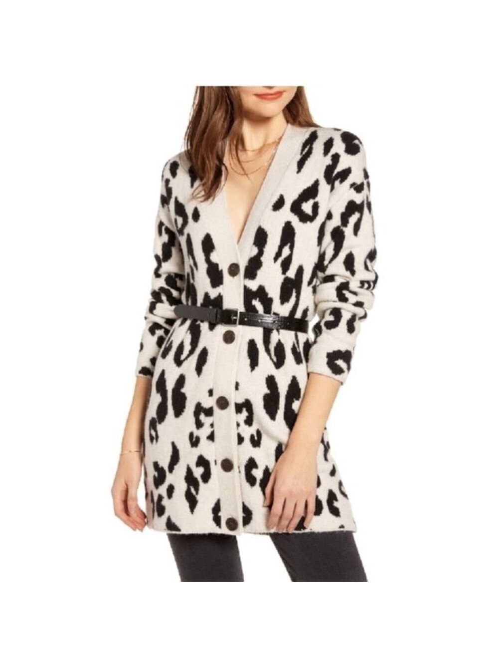 SOMETHING NAVY Leopard V-neck Cardigan